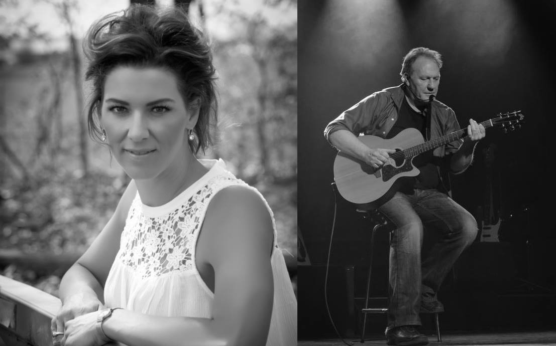 A split screen image of Karla Crawford on the left and Glenn Bladon on the right holding a guitar